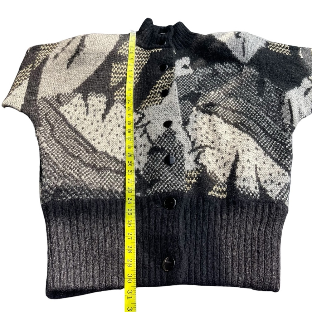 Vintage 80's Black/Grey/Gold Pattern Mohair High Neck Button Front Cardigan (M) - Picture 14 of 16